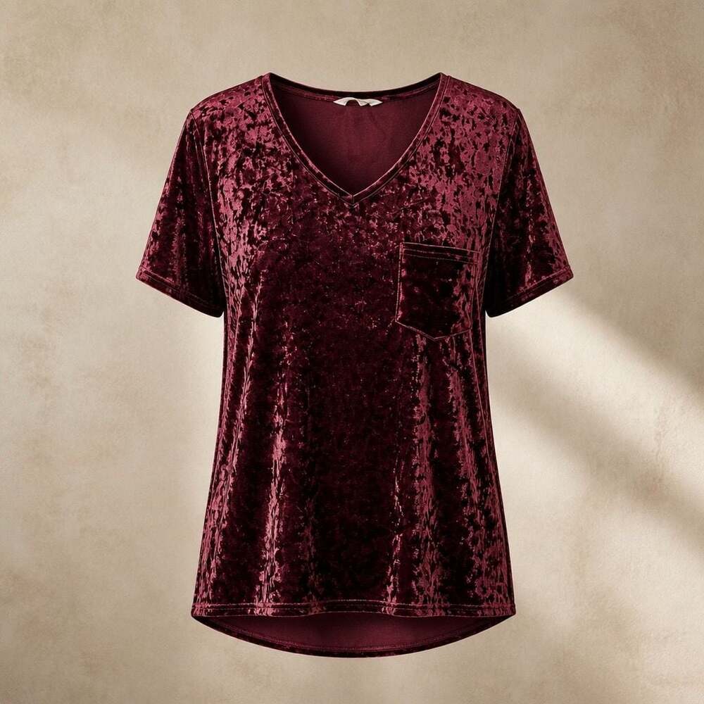 Spring + Mercer Bordeaux Crushed Velvet V-Neck Pocket Tee Size XL - Picture 2 of 7